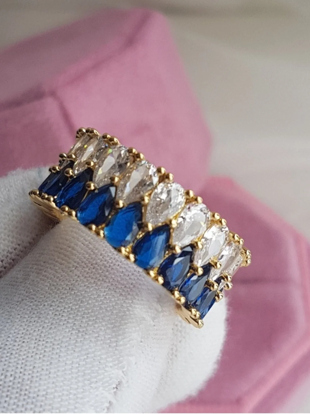 Swarovski Elements Gold Clear & Royal Blue Teardrop Eternity Band Ring NEW